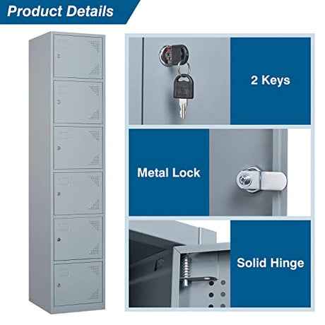 PEUKC Metal Locker Cabinet with 6 Doors, 71" Storage for Employees, 6 Tier Steel Locker with Lock and Keys for School, Gym, Home, Office Staff (Grey) PEUKC