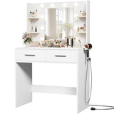 Furmax Make up Vanity Desk with Mirror and Power Outlet, Vanity with 3 Color Light Options Adjustable Brightness,Vanity Desk with 2 Drawers, 6 Storage Shelves (White, No Bench) Furmax