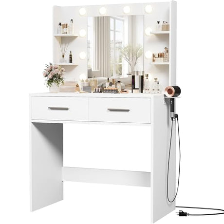 Furmax Make up Vanity Desk with Mirror and Power Outlet, Vanity with 3 Color Light Options Adjustable Brightness,Vanity Desk with 2 Drawers, 6 Storage Shelves (White, No Bench) Furmax