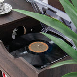 Lisicues Record Player Stand, Vinyl Record Cabinet with Power Outlet Holds Up to 200 Albums, Turntable Stand Table, Fluted Sliding Door, Living Room(Walnut) Lisicues