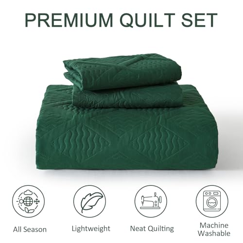 Yiran Twin Quilt Set, Emerald Green Lightweight Soft Bedspreads Bedding Set, Diamond Pattern Coverlet for All Season Modern Style 2 Piece with 1 Pillow Sham 68x90 Inch