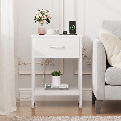 Vagusicc White Nightstand with Charging Station, End Table with Fabric Drawer, Small Side Table with 2-Tier Storage Shelves, 25.4" Tall Bedside Table, White Night Stand for Bedroom, Living Room, Dorm Vagusicc