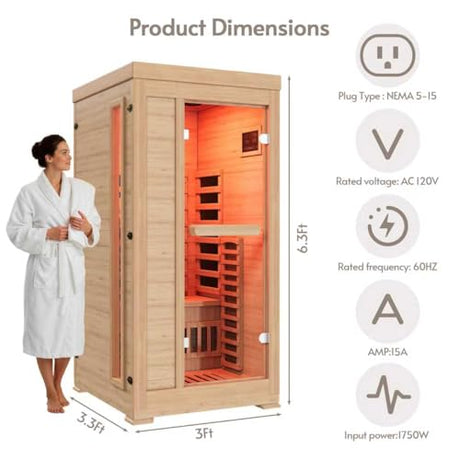 ENSTVER Infrared Wood Sauna 6.4Ft 1-2 Person, Luxury Full Spectrum Far Infrared Sauna Features Low EMF 1745w 7-Light Dynamic & Music Speakers, Canadian Hemlock Dry Indoor Saunas for Home & Gym ENSTVER