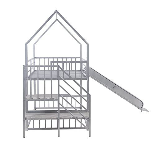 Favfurish Twin Over Twin-Size Metal Bunk Bed House-Shape-Bed with Slide and Staircase,No Box Spring Needed, Easy to Install, for Kids, Girls, Boys,Silver Favfurish