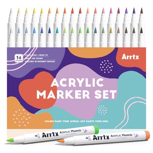 Arrtx Acrylic Paint Pens 36D Colors Acrylic Paint Markers,Brush Tip Acrylic Pens Acrylic Markers for Rock Painting,Wood,Ceramic,Glass,Canvas,Metal,Plastic,Fabric,Stone and Diy Project Arrtx