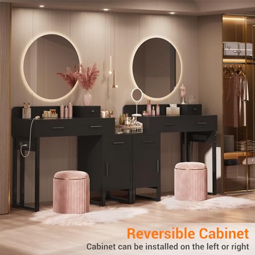 Vanity Desk with 4 Storage Drawers - Modern Makeup Vanity Table with Charging Station, Black Vanity Desk with Reversible Cabinet Dressing Table Set with Divided Organizers for Women Girls, Black Besiost