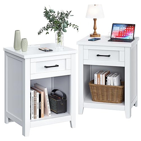 Decofy Farmhouse Nightstand with Charging Station & Large Storage, Set of 2 Modern End Tables with Outlets, USB Ports and Type-C Ports, Easy Assembly for Bedroom (Pure White) Decofy