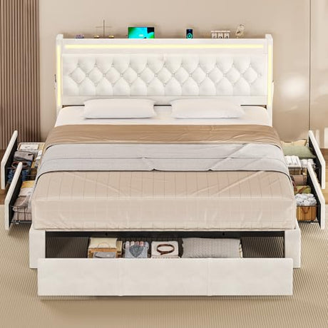 BTHFST King Upholstered LED Bed Frame with 5 Drawers, Velvet Hidden Storage Headboard with Charging Station, Button Tufted Headboard and Heavy Duty Metal Slats Support, No Box Spring Needed, Beige BTHFST