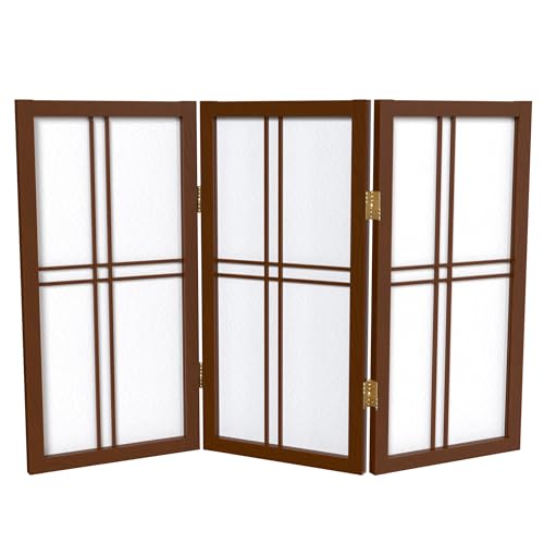 2 ft. Short Desktop Double Cross Shoji Screen - Walnut - 3 Panels Red Lantern