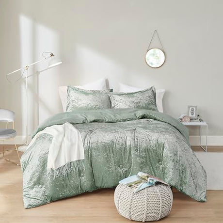 Comfort Spaces Luxe Velvet Comforter Set for Twin Size Bed, Microfiber Reverse, Juliette, All Season Bedding, Fluffy Bed Set, Sham, Sage Green 2 Piece Comfort Spaces