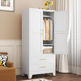 Metal Wardrobe Closet with 2 Doors & 2 Drawers, 71" Tall Armoire Wardrobe Closet with Hanging Rods and Adjustable Shelf, Steel Wardrobe Storage Cabinet for Bedroom-White winiowa