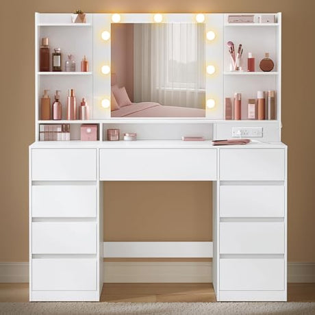 VASAGLE Kailyn Collection - Vanity Desk with Mirror and 9 LED Bulbs, Vanity Makeup Table with Power Outlets, Dressing Table with 9 Drawers, for Bedroom, Cloud White URDT141WB01S VASAGLE