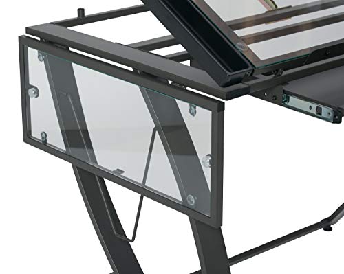 SD STUDIO DESIGNS Futura Luxe Drawing, Drafting, Craft Table with Drawer, 35" Wide Angle Adjustable Top and Side Shelf, Pewter Grey/Clear Glass SD STUDIO DESIGNS