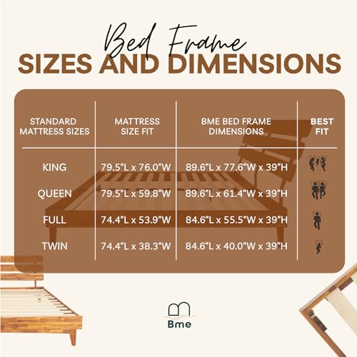 Bme Caden 15 Inch Deluxe Bed Frame with Adjustable Headboard - Mid Century, Retro Style with Acacia Wood - No Box Spring Needed - 12 Strong Wood Slat Support - Easy Assembly - Caramel, King Bme