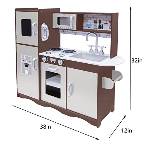 Kitchen Playset for Kids Ages 3-8, Wooden Pretend Play Kitchen, Incloud Telephone, Ice Maker, Refrigerator, Dimensions: 35” H x 31” W x 12” D