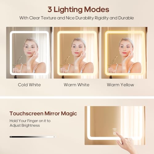 HAUOMS Fluted Corner Vanity Desk with Mirror Lights, Makeup Vanity with Charging Station, Drawers & Rotating Cabinets, Corner Vanity with Storage Bench, for Bedroom, Natural Wood HAUOMS