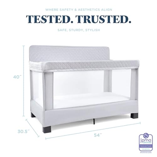 Baby Delight Horizon Full Size Crib, Breathable Mesh Walls, Tool-Free Assembly Baby Bed, Luxe Quilted Easy to Clean Fabric, Grey