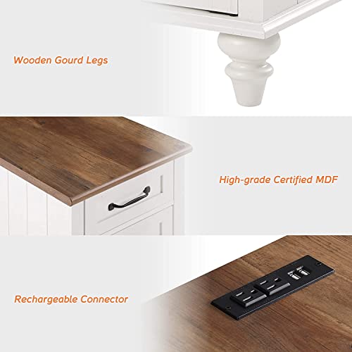 WAMPAT 2 Pack White End Table with Charging Station, Wood Side Sofa Table with Drawer and Storage Cabinet, Modern Nightstand with Power Outlets & USB Ports for Living Room, Bedroom WAMPAT