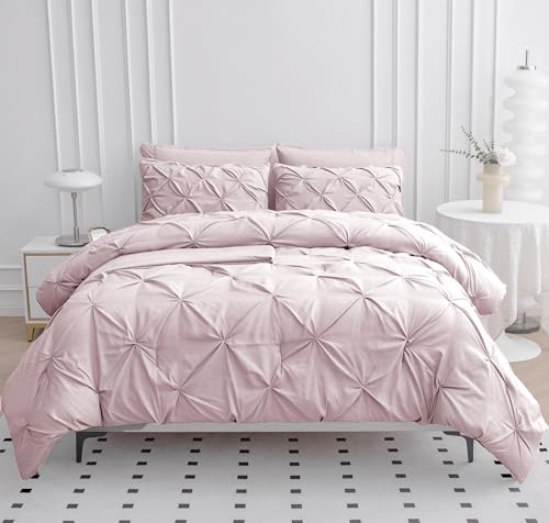 LANE LINEN Pink Full Comforter Set – 7 Piece - Pintuck Bed in a Bag - All-Season Full-Size Bedding with Comforter, Sheets, Pillowcases & Sham - Comfy, Perfect for College Dorms – Sepia Rose LANE LINEN