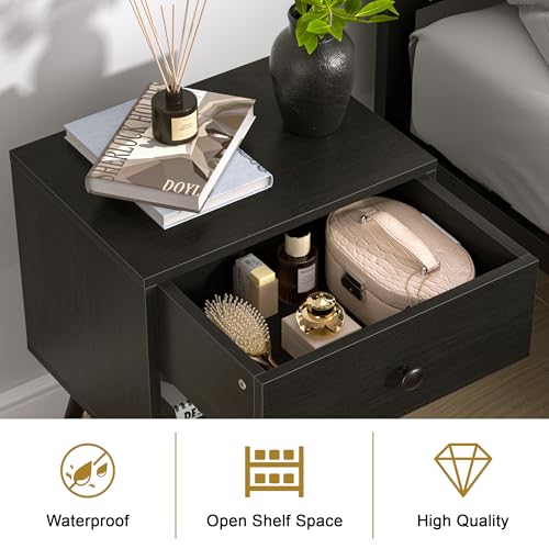 VECELO Nightstands Set of 2, Mid Century Modern End Bedside Table, Night Stand with Storage Drawer and 2 Tiers Open Shelf for Small Place, Bedroom, Living Room, Easy Assembly, Black VECELO