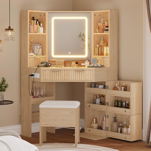 HAUOMS Fluted Corner Vanity Desk with Mirror Lights, Makeup Vanity with Charging Station, Drawers & Rotating Cabinets, Corner Vanity with Storage Bench, for Bedroom, Natural Wood HAUOMS
