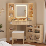 HAUOMS Fluted Corner Vanity Desk with Mirror Lights, Makeup Vanity with Charging Station, Drawers & Rotating Cabinets, Corner Vanity with Storage Bench, for Bedroom, Natural Wood HAUOMS
