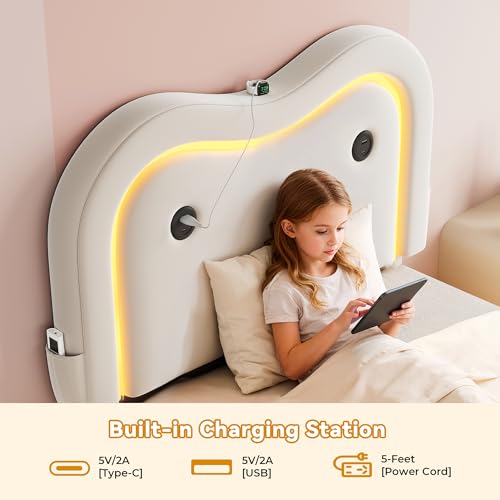 MapleGrace Twin Upholstered Bed Frame with Curved Headboard, Floating Bed Frame with LED Lights and Charging Station, Soft Rounded Corners, No Box Spring Needed, Easy Assembly, White MapleGrace