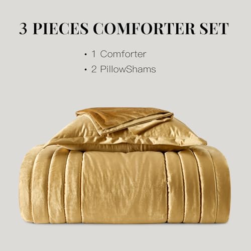 MUSSEL Bedding Comforter Set Queen Size 3 Pieces-Luxury Shiny Gold Striped Lightweight Bedroom Comforter Queen Size,Soft Velvet Bed Set with 2 Shams MUSSEL