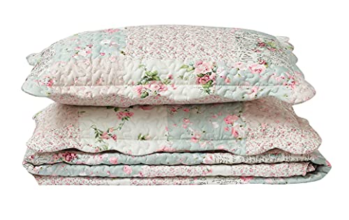 Brilliant Sunshine Rose and Sage Quilt Set, 3-Piece Bedding Sets, Traditional Patchwork Design, Washable and Reversible Bedspread, Soft Lightweight Coverlet, All-Season, Full/Queen, Light Pink Green Brilliant Sunshine