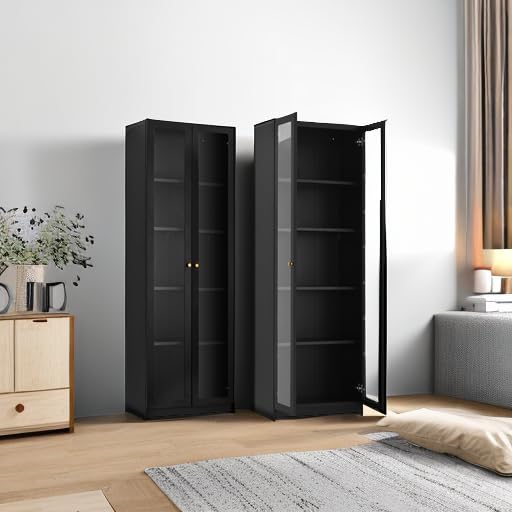 IRONMIX Black Bookshelf with Doors and Adjustable Shelves, 5-Tier Tall Bookcase, 70.87" Modern Display Cabinet, Metal Book Shelf with Storage Cabinet for Home Office Living Room IRONMIX