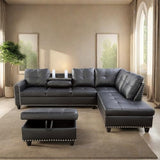 GlasFlength L Shaped Sectional Sofa with Ottoman, Nail-Head Design Leather Right Facing Modern Couches with Cup Holder for Living Room, Bedroom, Office, Black Leather GlasFlength