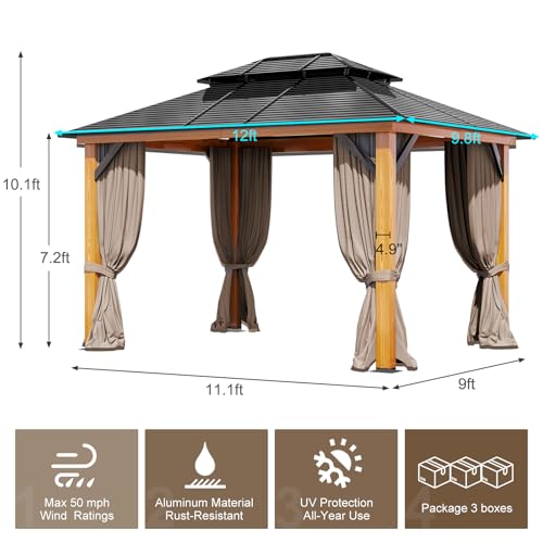 WELYAS Aluminum Hardtop Gazebo 10' X 12' Heavy Duty All Weather Wood Color Gazebos with Galvanized Steel Double Metal Roof for Garden Patio Deck Backyard, Curtains and Netting Included WELYAS