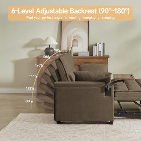 hansones 65'' 3-in-1 Folding Convertible Sofa Bed, Pullout Sofa, Modern Chenille Fabric, 360° Swivel Side Table, Easy Assembly, Perfect for Living Room(ZY-1107A-Brown) hansones