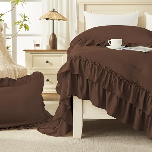 Andency Brown Twin Size Comforter Set, 2 Pieces Lightweight Fluffy Ruffle Bedding Set for Dorm, All Season Soft Farmhouse Shabby Chic Bed Set for Kids, College Dorm (66x90In Comforter)