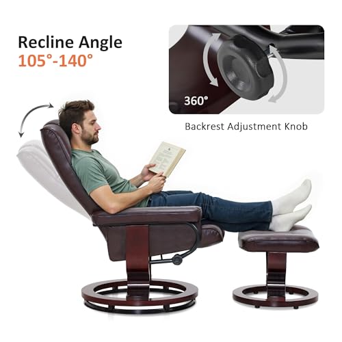 MCombo Manual Swivel Recliner with Ottoman, Chair Ottoman Set for RV Small Spaces, Living Room, Bedroom, Office 9019 4919 (Faux Leather, Dark Brown)