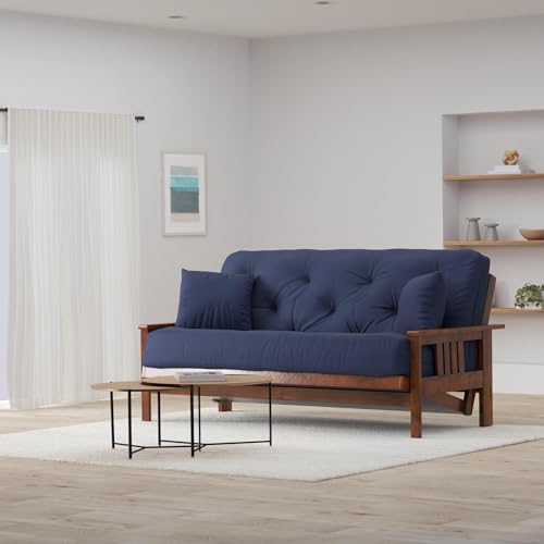 Nirvana Futons Stanford Futon Set - Full Size Futon Frame with Mattress Included (8 Inch Thick Mattress, Twill Navy Blue Color), Heavy Duty Wood, Popular Sofa Bed Choice