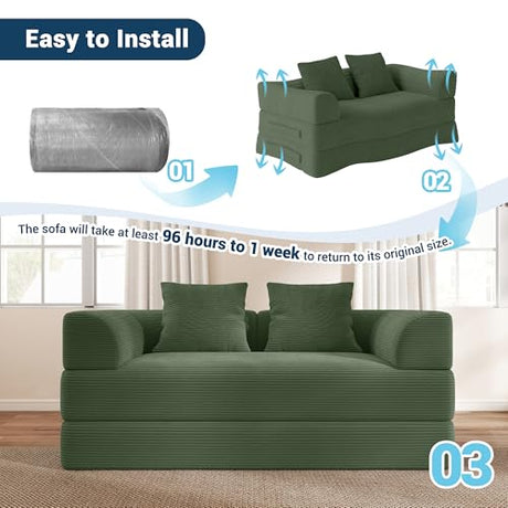 Cloud Boneless Convertible Floor Sofa Bed, 70" 4-in-1 Foldable Compressed Loveseat Lounge Sleeper 2 Seater Couches, High-Density Sponge & Corduroy Fabric Futon Daybed for Living Room Bedroom(Green) Living&Giving