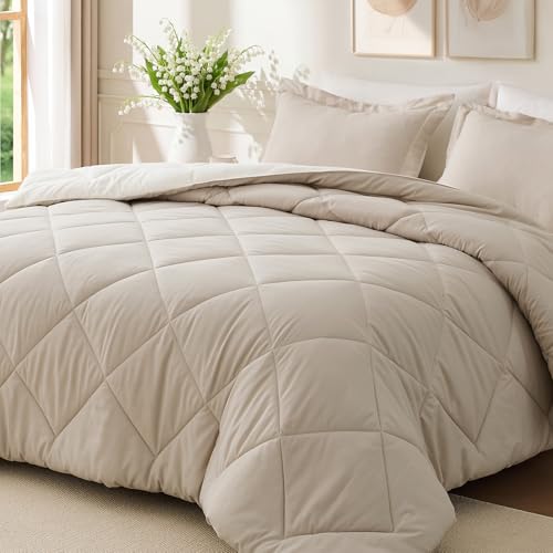 JOLLYVOGUE King Size Comforter Set, Soft Reversible Bedding for All Seasons, 3 Pieces Down Alternative Bed Set Includes 1 Lightweight Comforter (104"x90") and 2 Pillow Shams (20"x36"), Beige & Ivory JOLLYVOGUE