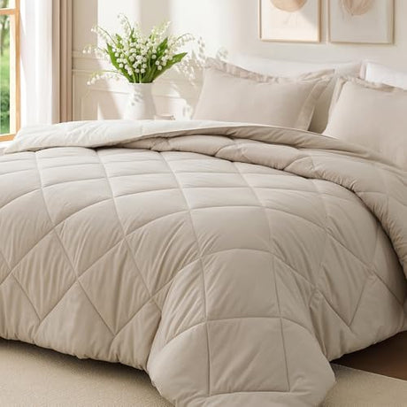 JOLLYVOGUE King Size Comforter Set, Soft Reversible Bedding for All Seasons, 3 Pieces Down Alternative Bed Set Includes 1 Lightweight Comforter (104"x90") and 2 Pillow Shams (20"x36"), Beige & Ivory JOLLYVOGUE