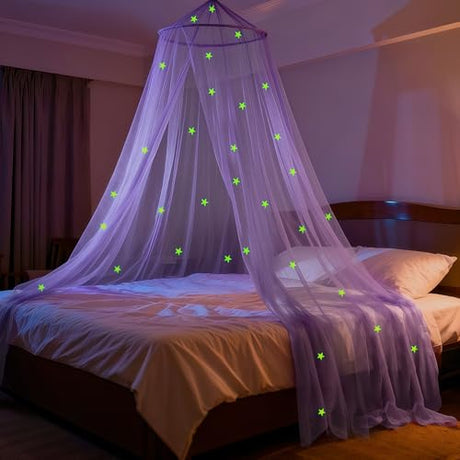 LionLively Purple Bed Canopy for Girls with Glow-in-The-Dark Stars, Princess Canopy Curtains Fits Single, Twin, Full, Queen Size Bed, Bedroom Accessories, Ceiling Tent LionLively