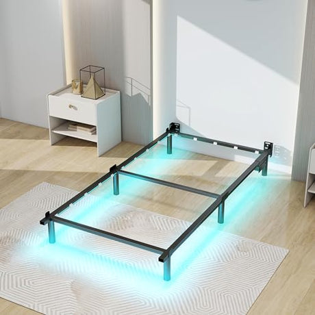 Adjustable Bed Frame with Smart LED Lights & Charging Station,Sturdy Metal Platform Bed Base for Box Spring & Mattress,Headboard Compatible,Length Extendable,Twin/Full/Queen/King Size (7 Inch, Twin) HusDream