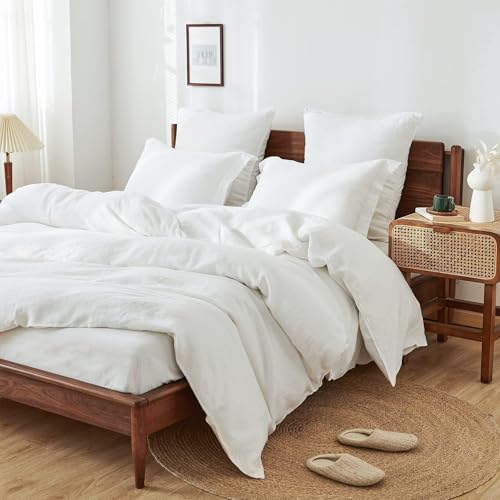 Simple&Opulence 100% Linen Duvet Cover Set, 3 PCS Natural French Flax White Duvet Cover Queen Size, Breathable Soft Comfy Linen Bedding Comforter Cover with 2 Pillowcases(White, 88"x92") Simple&Opulence