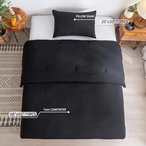 Ultra-Soft Black Twin Comforter Set, Washed Cotton 2 Piece Fluffy Lightweight Down Alternative Bedding Comforter for All Seasons - 1 Conforter and 1 Pillowcase - Twin/Twin XL Size Signal Dorm Kids Bed COTTEBED