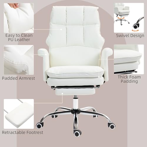 HOMCOM Executive Office Chair, PU Leather Ergonomic Office Desk Chair with Footrest, Reclining and Swivel Chair, White HOMCOM