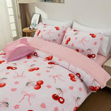 Aimuan Pink Cherries Comforter Set Cartoon Love Hearts Flowers and Grass Bedding Set for Girls Boys Kids Lightweight Soft 6 Piece with 2 Pillow Covers (Pink Red, Twin 6Pcs) Aimuan