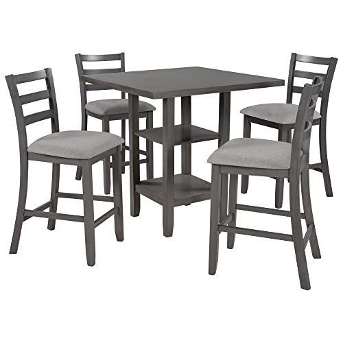 Bellemave 5 Piece Wooden Counter Height Dining Set, Square Dining Table with 2-Tier Storage Shelving and 4 Padded Chairs, Kitchen Dining Table Set for 4 Persons, (Gray & Storage) Bellemave