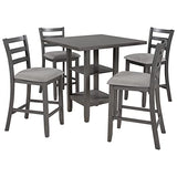 Bellemave 5 Piece Wooden Counter Height Dining Set, Square Dining Table with 2-Tier Storage Shelving and 4 Padded Chairs, Kitchen Dining Table Set for 4 Persons, (Gray & Storage) Bellemave