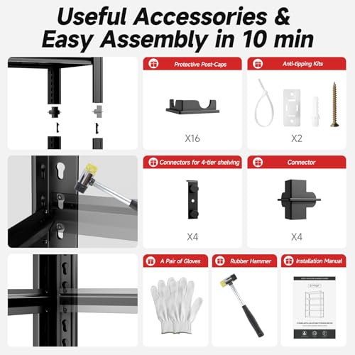 cynnda 4-Tier 60" W x 24" D x 60" H Garage Shelving Heavy Duty 2500LBS Garage Storage Rack Basement Warehouse Storage Shelves Units Adjustable Metal Shelf for Garages(Black) cynnda