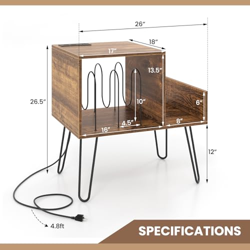 GOFLAME Record Player Stand, Turntable Stand with Charging Station, Vinyl Storage End Table with Metal Legs, Mid-Century Record Player Table for Study, Bedroom, Living Room, Rustic Brown GOFLAME