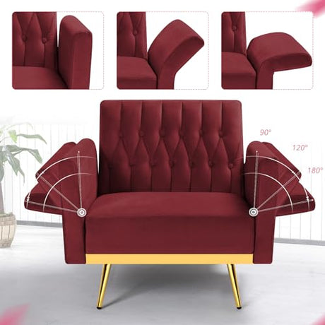 ACMEASE Velvet Accent Chair with Adjustable Armrests and Backrest, Button Tufted Lounge Chair, Single Recliner Armchair with Ottoman and Pillow for Living Room, Bedroom, Red ACMEASE
